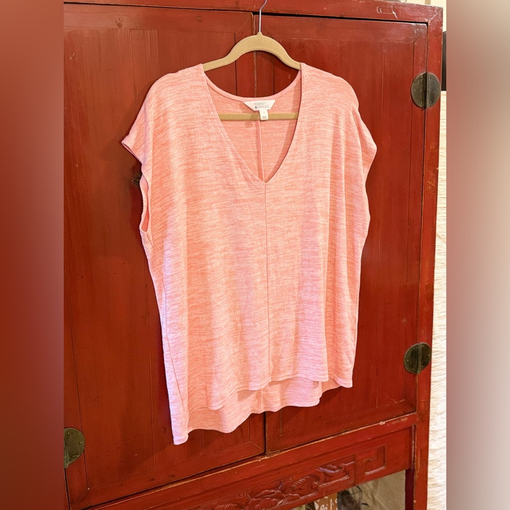 Market & Spruce Unusual Boxy T-Shirt Heathered PEACH Cap Sleeve Front Seam EUC